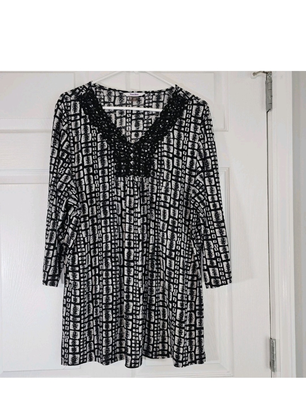 TanJay Beaded Black White Geometric Tunic Womens Travel XL Boho Chic Whimsigoth